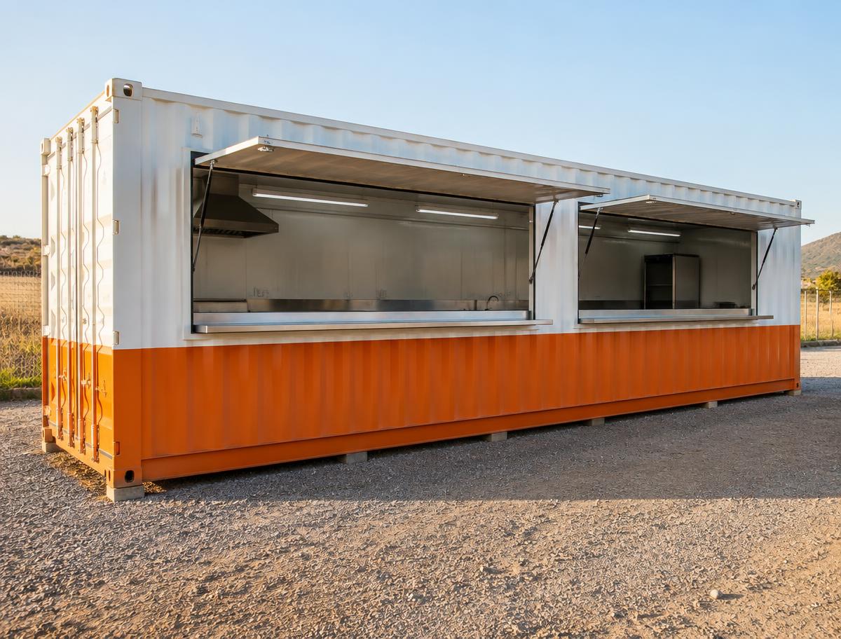 40ft Mobile Tuck Shop Container — Door-end elevation and locking gear